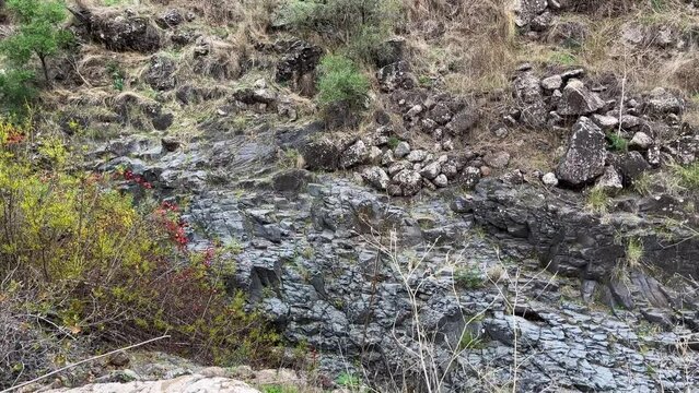 Beautiful views of the mountainous area near Stream and pond Meshushim in Israel - a beautiful place in the Golan