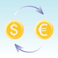 Gold coins with violet arrows. Dollar and Euro currency exchange. 3D vector illustration isolated on blue background.