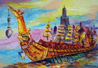 Art painting Oil color royal barge Thailand , Suphannahong Boat