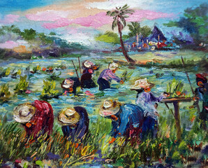 Art painting oil color farmer Thailand Grow rice , Transplant rice seedlings , rural life , rural thailand