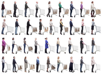 Fototapeta na wymiar group of people with cart looking ahead isolated on white