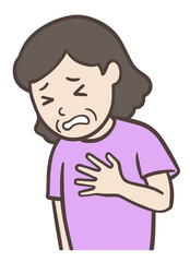 胸が痛くて手で抑えるおばさん、中年女性