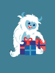 Concept Cute Yeti with holiday presents. This vector illustration features a festive flat scene with a cheerful cartoon Yeti surrounded by colorful presents. Vector illustration.