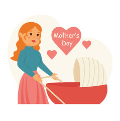 Concept Mother with a baby carriage mothers day title. This vector illustration features a heartwarming flat scene depicting a cartoon mother with her baby. Vector illustration.