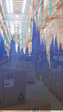 Animation of statistics processing over globe and cardboard boxes in warehouse