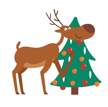 Concept Christmas deer standing in front of the Christmas tree. This flat vector illustration shows a cute cartoon Christmas deer decorating a Christmas tree. Vector illustration.