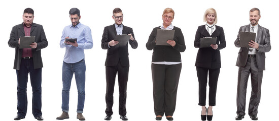 group of successful people with notepad in hands isolated