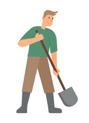 Concept Man with a shovel. This vector illustration depicts a man with a shovel in a flat and cartoon style. Vector illustration.