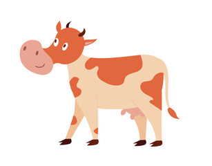 Concept Cartoon cow walking. This vector illustration features a flat scene of a cow walking on a farm. It is a perfect concept for web and other cartoon illustrations. Vector illustration.