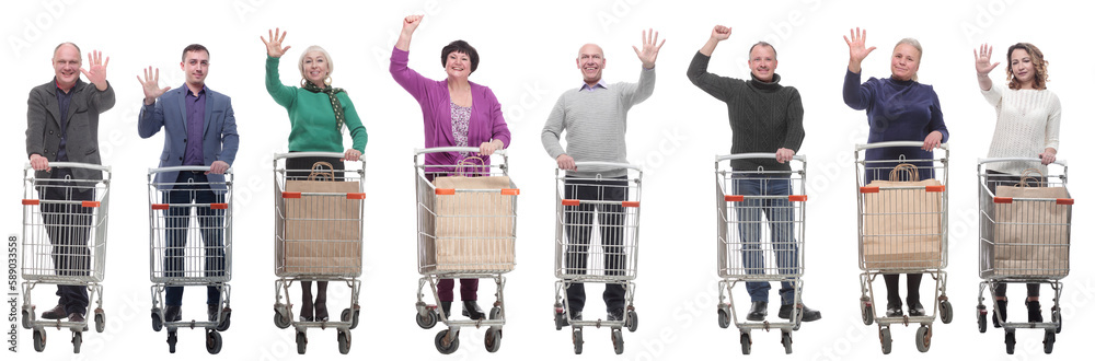 Wall mural group of people with shopping cart showing thumbs up at camera