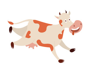 Concept Cartoon cow galloping. This vector illustration depicts a brown and white cow galloping through a green pasture on a farm. Vector illustration.