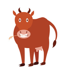 Concept Cartoon cow staring This is a flat vector illustration of a brown cow on a farm. The concept of the scene is a cow staring at the viewer, letting out a loud moo. Vector illustration.