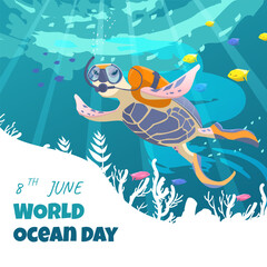 Let's save our oceans. World oceans day design with underwater ocean, turtle, coral, sea plants.