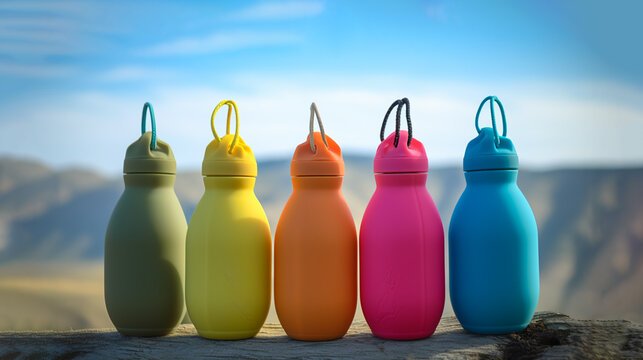 Colorful silicone bottles are in row. Eco bottles for sports and fitness on natural background. Generative AI. 