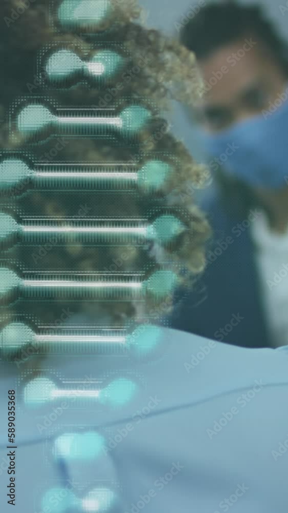 Sticker Animation of dna strand over biracial businessman with face mask