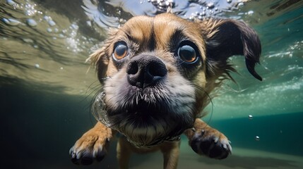 Cute dog swimming underwater
