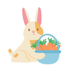 Concept Spring Easter rabbit bunny with a basket full of carrots. This vector illustration depicts an adorable spring scene with an Easter rabbit and a bunny. Vector illustration.