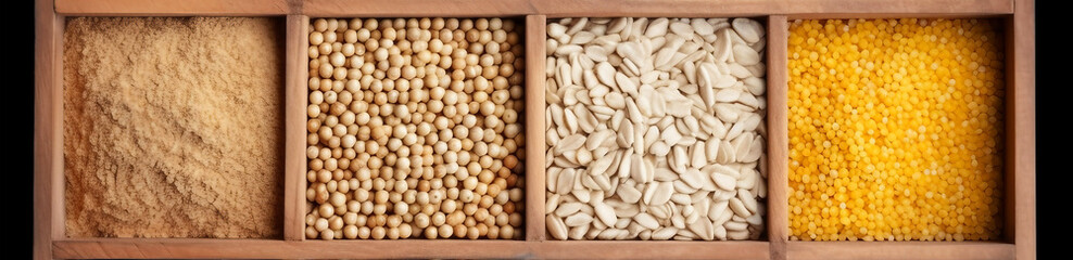 groats in square wooden box collection of cereals beans and seeds top view