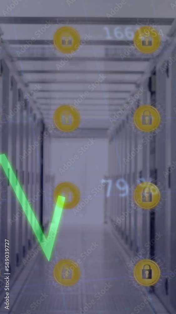 Poster animation of lines processing with online security icons over computer servers