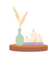 Concept Spa salon table with candles and decor. This is a flat illustration of a cartoon scene featuring a decorative table with a lit candle. Vector illustration.