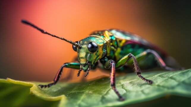 Macro view of a tiny insect in vivid colors, showcasing the intricate details and stunning hues of the insect's body and wings. Generative AI