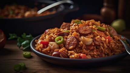 Jambalaya, American Creole and Cajun rice dish, generative ai