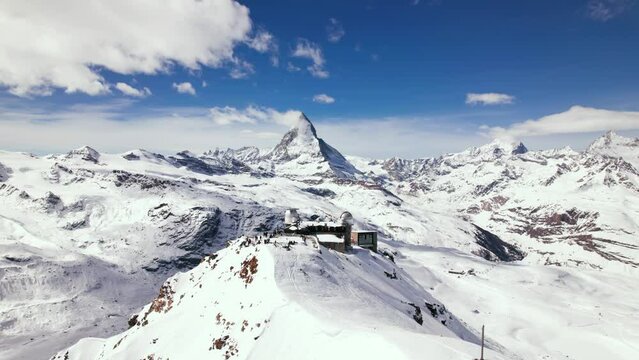 Aerial view of Gornergrat on top of Switzerland mountain ridge with Matterhorn in winter