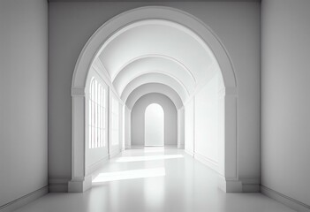Fototapeta na wymiar Empty white room with archway entrance. 3d rendering. Generative AI