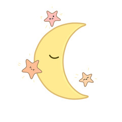Sleeping moon with pink stars illustration. In cartoon style. Cute and adorable childish drawing. Night minimalistic concept. With dreaming characters.