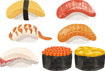 リアルで美味しそうな寿司のイラストレーションセット