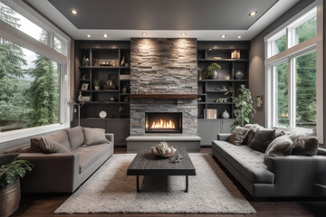 Living room interior in gray and brown colors features gray sofa atop dark hardwood floors facing stone fireplace with built in shelves. Northwest, USA, generative AI