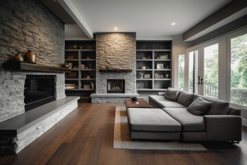 Living room interior in gray and brown colors features gray sofa atop dark hardwood floors facing stone fireplace with built in shelves. Northwest, USA, generative AI