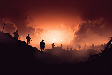 Fototapeta na wymiar World War 1 trench warfare with silhouettes of soldiers among smoke and craters in a historic warfare battlefield artwork. Battle combat of armed forces in WW1 conflict artwork, generative AI