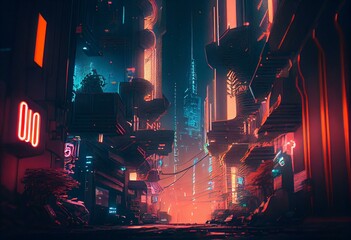 Digital city inside the metaverse with futurist buildings and neon lights. Cyberpunk style. Generative AI