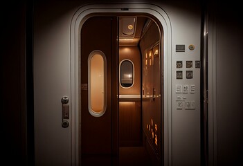 Door of lavatory in an empty aircraft cabin. Generative AI