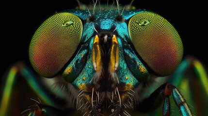 Macro view of a tiny insect in vivid colors, showcasing the intricate details and stunning hues of the insect's body and wings. Generative AI