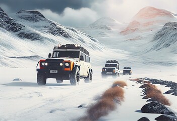 Group of 4x4 offroad vehicles SUV driving on snow slope among severe snowy arctic desert landscape at heavy snowfall and snowstorm. Winter scene 3D illustration from my 3D rendering. Generative AI
