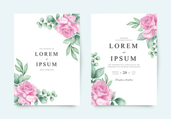 Minimalist wedding invitation template with pink roses green leaves