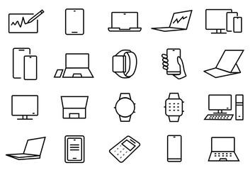 Personal Devices Icons set. Contains such Icons as smartphone, Tablet, Desktop PC, Handphone, Workstation, Smart Watch and more. Editable Stroke