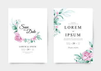 Wedding invitation with pink roses and watercolor leaves