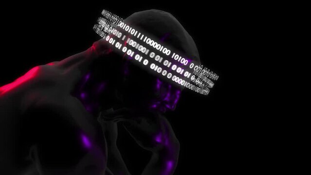 3D The Thinker Statue with Binary Code Animation. Greek Sculpture In Modern Art Style. NFT Cryptoart Concept. 4K