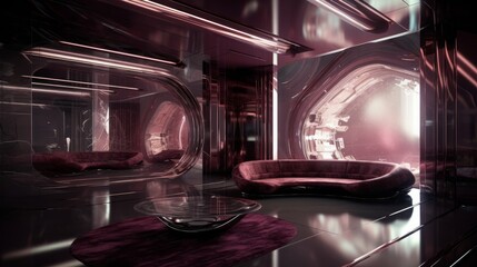 Stunning Platinum Deep Burgundy Interior with Futuristic Design, 8K Digital Art Wallpaper and Intricate Glass Details for Luxury Bars and Restaurants, Generative AI