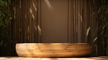 Empty wooden counter, bamboo countertop, tree foliage