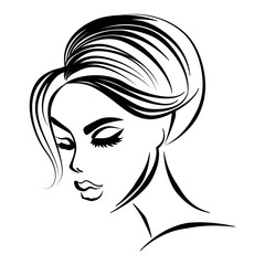 Portrait of a Girl. Style, beauty, fashion, cosmetics. Silhouette. Vector. Linear drawing on white background. Logo, badge, for business, beauty salon, hairdressing salon, cosmetology.