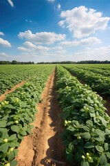 Fototapeta na wymiar Sunlit green field of potato crops in a row. Generative AI