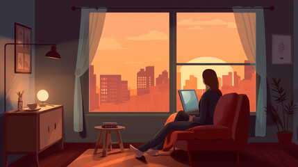 Fototapeta na wymiar 2D Illustration of Woman Telecommuting from Home, Watching Sunset from Window, Generative AI