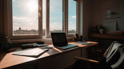 Fototapeta na wymiar Work from Home, Laptop on Desk Near Window, Generative AI
