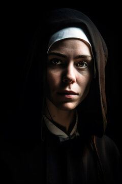 Portrait of a young nun in semi-darkness against a black background, dressed in a habit and with a very serious expression. Generative ai