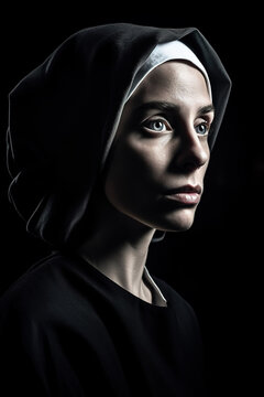 Portrait of a young nun in semi-darkness against a black background, dressed in a habit and with a very serious expression. Generative ai