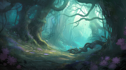 Digital illustration of magical forest, generative ai